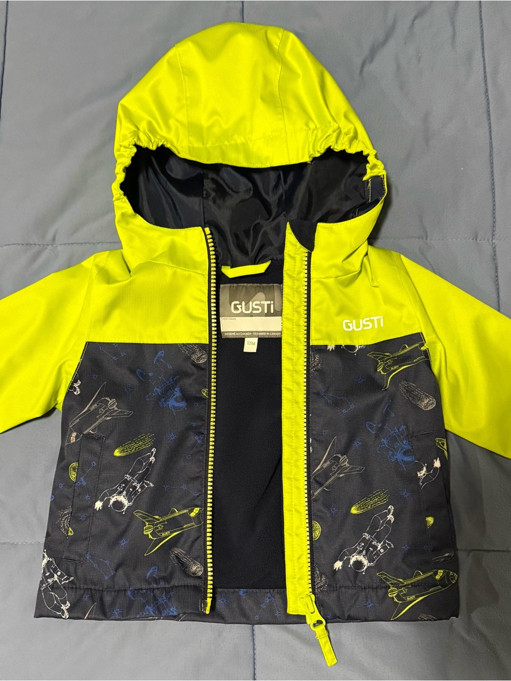 Gustin Neon Yellow & Black Kids Hooded Raincoat with Space Print 12mos